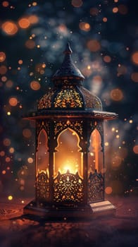 A captivating lantern stands aglow, its patterns etched in light against a festive, orange bokeh-lit scene
