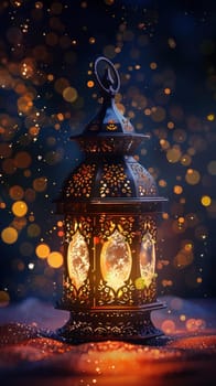 A vibrant lantern glows beneath a cascade of starry bokeh lights, creating a scene of celebration and tradition