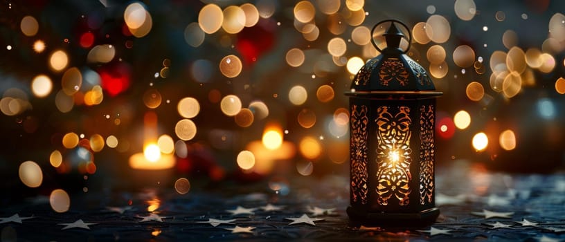 A traditional lantern emits a warm light, casting intricate shadows amidst a bokeh of golden sparkles and soft-focus background