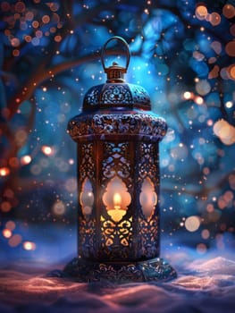 An elegant lantern stands in the stillness of a mystical, wintery night, its light offering a guiding glow amongst delicate snowflakes