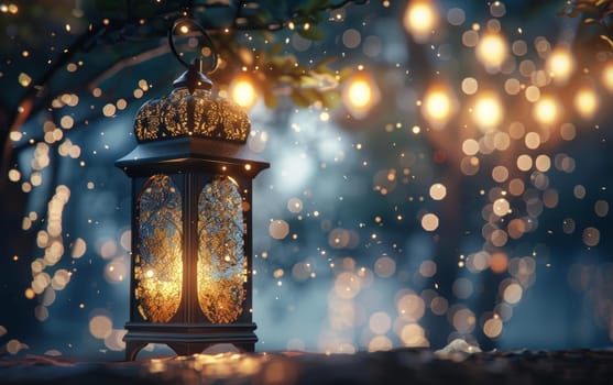 A magical lantern glows warmly amidst a backdrop of twinkling lights, casting intricate shadows and setting a scene of wonder