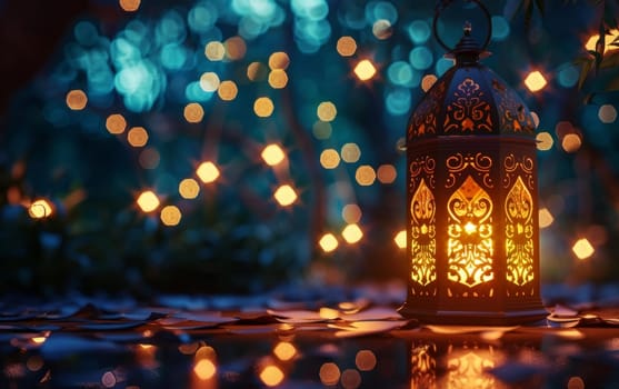 A lantern radiates a golden glow, contrasting with the cool blue bokeh of a serene night, creating an atmosphere of tranquility