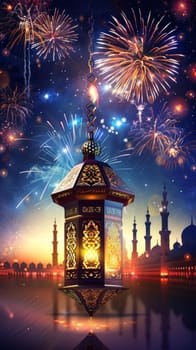 A single ornamental lantern casts a warm glow over an intricate cityscape, under a splendid firework display