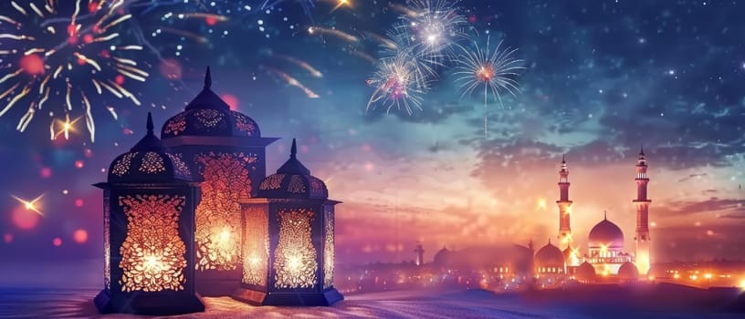 Warm glow of intricate lanterns in the foreground, with a mosque and fireworks adorning the dusk sky, capturing the spirit of an oriental celebration