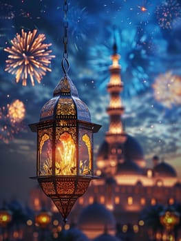 A hanging lantern casts a soft glow with an ornate mosque and celebratory fireworks in the distance