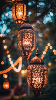 Rustic lanterns cast a delicate glow, illuminating a tranquil evening setting amidst bokeh light backdrops