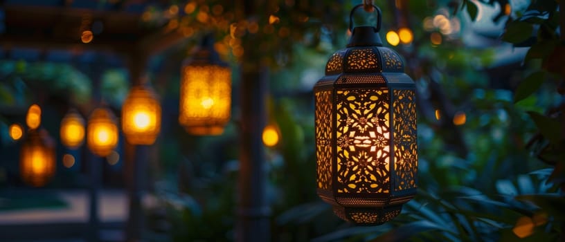 Evening descends as ornate lanterns cast a soft golden glow over a lush garden passage, highlighting the beauty of oriental design