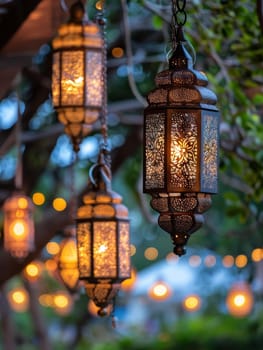 Golden light spills from hanging lanterns, enchanting an evening garden scene with a warm, inviting glow