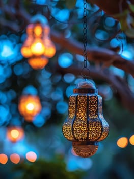 A solitary lantern hangs as a beacon of tradition amidst the captivating blue hour, complemented by soft garden lights