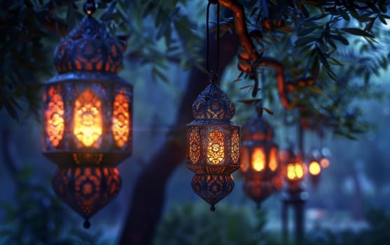 Ornate lanterns emit a mystical glow amid the twilight, suspended from olive branches in a serene garden setting