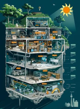 A vertical slice of urban life unfolds in this illustration, showcasing different levels of living and activity, from street to subterranean