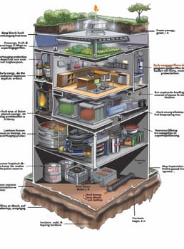 Sectional view of an innovative eco-habitat with integrated green technologies and self-sustaining environmental systems