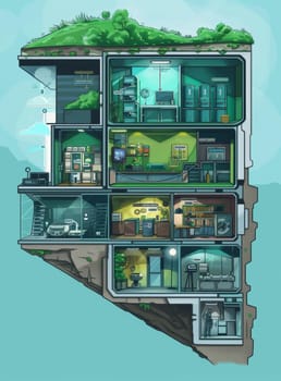 This artistic cross-section shows a green-roofed, eco-friendly underground home with labeled rooms and a self-sufficient layout