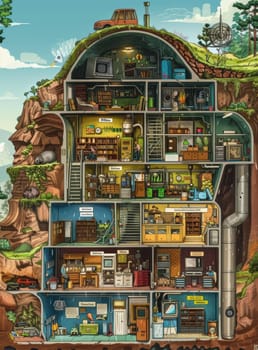 A detailed cross-section illustration of a vibrant underground living complex with a variety of rooms and a natural exterior landscape
