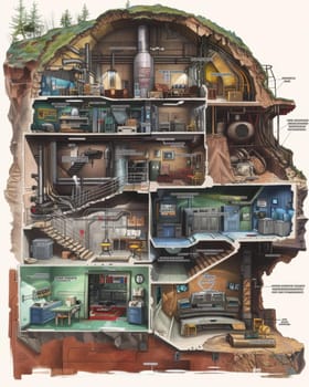 The cross-section of an earth-sheltered facility showcases innovative designs in self-sufficient living and ecological integration