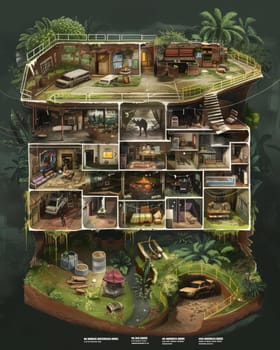 A cross-section view of a post-apocalyptic shelter with eco-friendly rooftop gardens and makeshift living areas, depicting resilience and adaptability