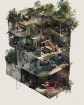 This illustration depicts a vertical survival bunker, cleverly adapted from a dilapidated building with self-sufficient features and reclaimed spaces