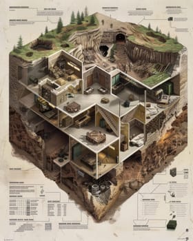 Illustrative layout of a strategic military facility embedded within a natural landscape, featuring underground sections and barracks