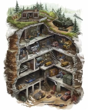 A cutaway view of a subterranean military complex, with detailed sections of vehicle storage, weaponry, and command units