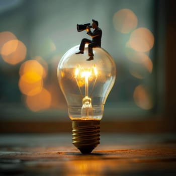 Businessman entrepreneur sitting on a light bulb with binoculars and search new idea or searching for success solution. Concept of curiosity and creativity to help see business vision opportunity