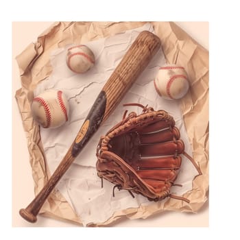 Baseball equipment on crumpled paper cut out ai generated image