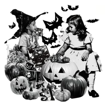 Monochrome vintage photo of halloween childs with pumpkins cut out ai generated image
