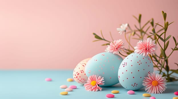 Easter eggs on blank background with pastel colours, leaving ample space for text