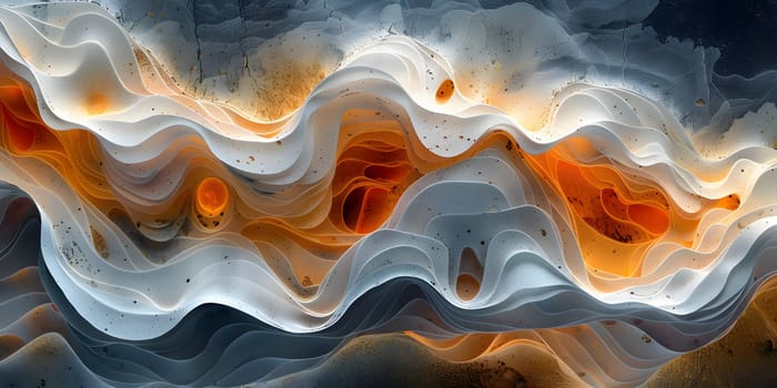 A close up of an art piece depicting a wave in vibrant orange and electric blue colors, capturing the energy and heat of the water in a mesmerizing pattern