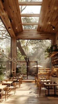 A restaurant with hardwood tables and chairs under a skylight, providing shade and a view of the natural landscape outside