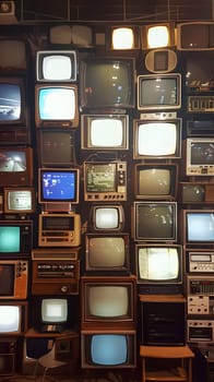 Several vintage televisions are stacked on top of each other in a brown building with a wooden facade. The rectangle shelving is made of hardwood and metal, contrasting with the wood flooring