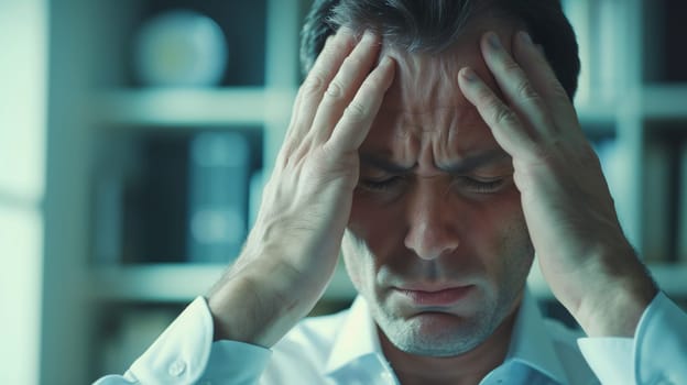 Exhausted tired caucasian man employee with headache, stress, fatigue, temples pain, suffers from migraine, tension in the head in the office