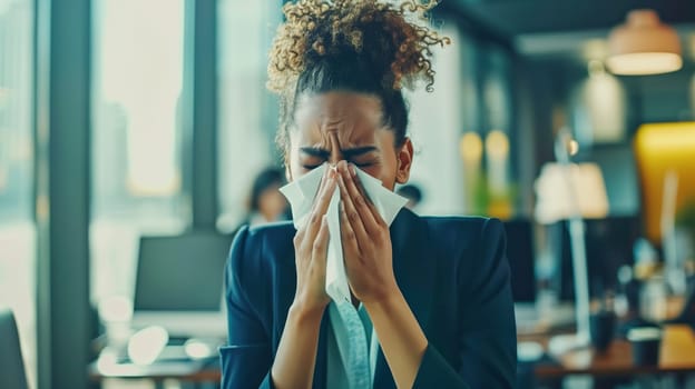Sick exhausted caucasian woman employee sneezing blow nose with tissue, suffers from influenza virus in workplace in the office