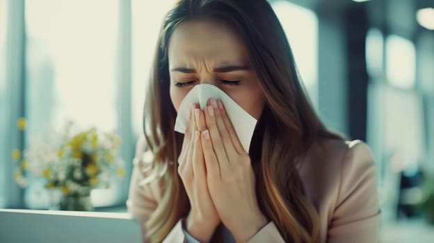 Sick exhausted caucasian woman employee sneezing blow nose with tissue, suffers from influenza virus in workplace in the office