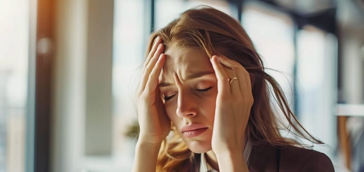Exhausted tired caucasian woman employee with headache, stress, fatigue, temples pain, suffers from migraine, tension in the head in the office