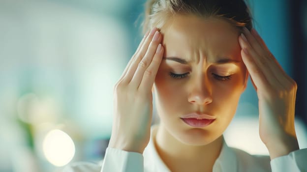 Exhausted tired caucasian woman employee with headache, stress, fatigue, temples pain, suffers from migraine, tension in the head in the office