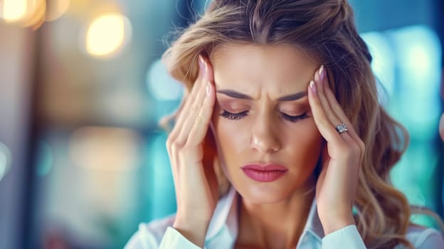 Exhausted tired caucasian woman employee with headache, stress, fatigue, temples pain, suffers from migraine, tension in the head in the office