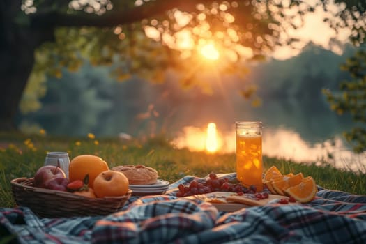 A forest glade picnic with a spread of summer treats, Picnic in summer park with food and drink.