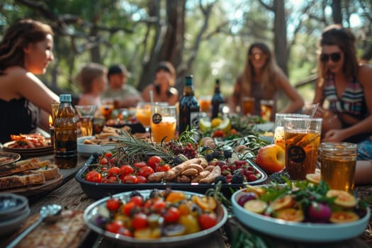 A forest glade picnic with a spread of summer treats, Picnic in summer park with food and drink.