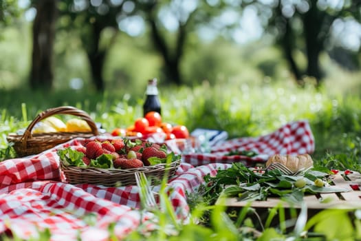 A forest glade picnic with a spread of summer treats, Picnic in summer park with food and drink.
