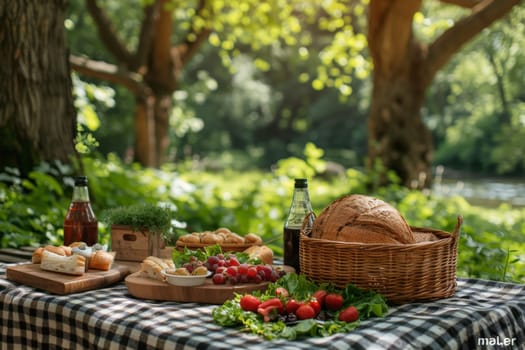 A forest glade picnic with a spread of summer treats, Picnic in summer park with food and drink.