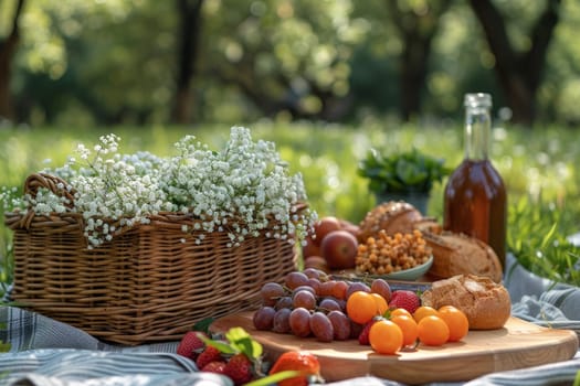 A forest glade picnic with a spread of summer treats, Picnic in summer park with food and drink.