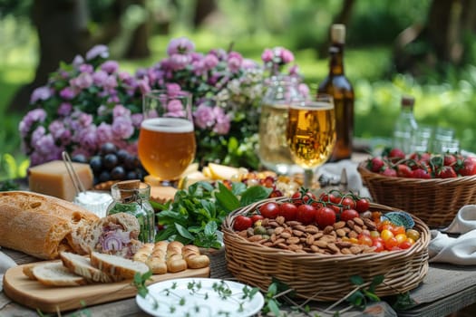 A forest glade picnic with a spread of summer treats, Picnic in summer park with food and drink.