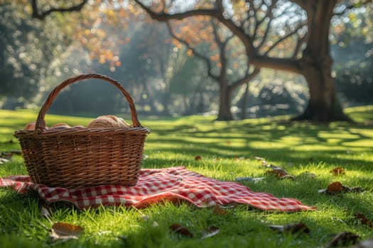 Red and white checkered blanket on the green grass, A picnic scene on a sunny day.