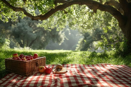 Red and white checkered blanket on the green grass, A picnic scene on a sunny day.