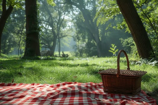 Red and white checkered blanket on the green grass, A picnic scene on a sunny day.