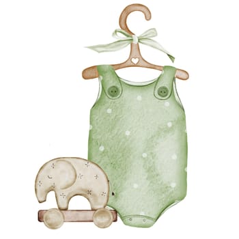 Baby clothes watercolor. Children's green bodysuit hand drawing isolated on white background. Clip art romper in pastel colors on a wooden hanger with a bow and elephant toy. For the design of children's cards and baby shower invitations. High quality illustration