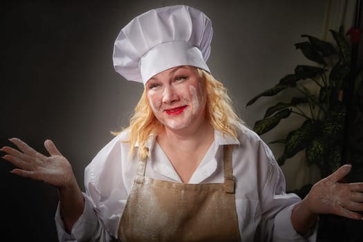 A fat funny female cook in a hat and apron poses in the kitchen and takes selfie. Good cooking and body positive