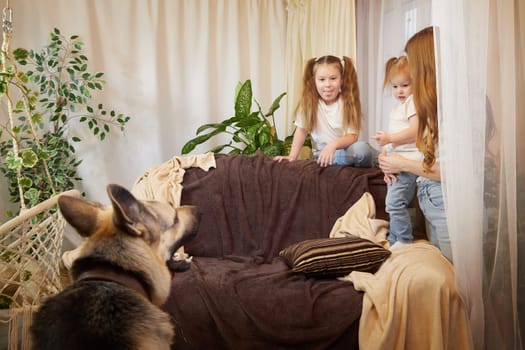 Loving family with mother, daughter sisters and big dog in living room. Woman mom, small child girl, female teenager who is afraid of big pet