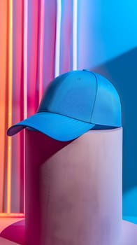 A blue cap rests on a pink cylinder, creating a colorful display. The headgear contrasts with the vibrant background, standing out boldly