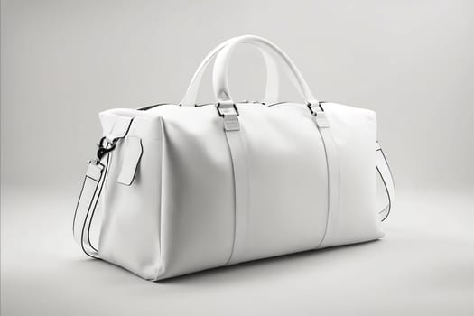 A white suitcase with a black strap is shown in a white background. The suitcase is empty and has a black handle. Generative AI
